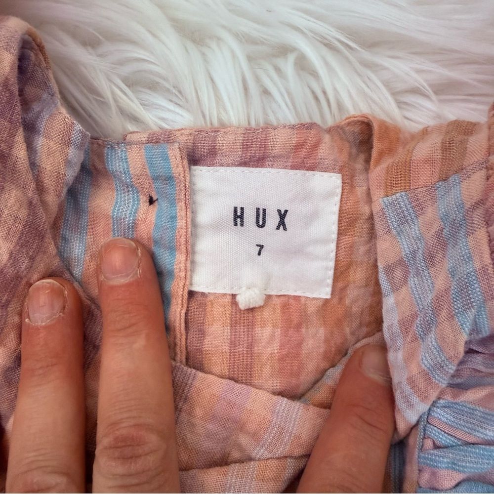 Huxbaby Pink Peach Blue Plaid Ruffle Long Sleeve Kids Dress - Size 7 — image 3 of 5